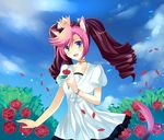  1girl :d animal_ears animal_tail blue blue_eyes blush brown brown_hair cat_ears cat_tail crown dress eyes female flower hair happy hoshine_stella long_hair multicolored_hair open_mouth petals pink pink_hair plant plants rose rose_petal rose_petals roses shoulders sky smile solo tail utau utauloid very_long_hair vocaloid 