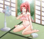  1girl alternate_hairstyle applepieyui arc_system_works bare_shoulders barefoot blazblue blazblue:_continuum_shift blue_eyes blush breasts camisole cleavage electric_fan fan hair_tubes hot japanese_house long_hair open_mouth panties paper_fan ponytail red_hair sitting strap_slip sweat tatami tsubaki_yayoi uchiwa underwear wariza 