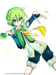  1boy child clothed green green_eyes green_hair hair hands headphones male male_focus open_mouth ryuuto ryuuto_(vocaloid) short_hair shorts solo unhappy vocaloid yellow 