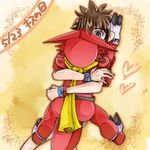  &#12415;&#12394;&#12379;&#12414;&#12367;&#12425; butt digimon gay grey_eyes hug human japanese_text male mammal reptile scalie scarf shoutmon taiki_kudou text 