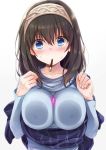  1girl azuki_yui bangs black_hair blue_eyes blush breast_press breasts collarbone covered_nipples food hairband idolmaster idolmaster_cinderella_girls incoming_pocky_kiss jewelry large_breasts long_hair looking_at_viewer pendant pocky pocky_day pocky_kiss sagisawa_fumika shared_food shawl sweat white_background 