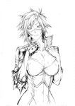  bad_id bad_pixiv_id blazblue blazblue:_chronophantasma blush breasts bullet_(blazblue) cleavage covered_nipples fingerless_gloves gloves greyscale highres jacket kageneko_shihan large_breasts midriff monochrome navel scar short_hair solo 