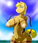  areola big_breasts blonde_hair breasts clothed clothing equine erect_nipples female gblastman green_eyes hair horse huge_breasts looking_at_viewer mammal navel nipples outside pussy skimpy solo 