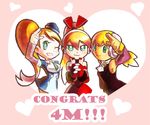  blonde_hair call_(mighty_no._9) call_e call_f call_h colorized congratulations detached_sleeves garrison_cap gloves hair_ribbon hands_clasped hat headphones heart long_hair mighty_no._9 multiple_girls multiple_persona necktie one_eye_closed own_hands_together pontata ponytail ribbon robot salute side_ponytail smile striped_sleeves twintails uniform 
