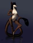  2014 amelyce anthro black_hair breasts caedere digital_media_(artwork) dragon eastern_dragon female green_eyes hair holding_tail long_tail navel nipples non-mammal_breasts nude pussy simple_background solo standing 
