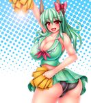  :d arm_up ass bare_arms bare_shoulders black_panties bow breasts cheerleader cleavage covered_nipples cowboy_shot curvy ex-keine green_hair hair_between_eyes halftone halftone_background harumi_(harumix) holding horn_bow horns huge_breasts kamishirasawa_keine long_hair looking_at_viewer microskirt open_mouth panties pleated_skirt pom_poms red_eyes skirt smile solo touhou twisted_torso underwear 