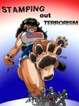  ambiguous_gender american_flag big_breasts black_hair breasts claws clothing cougar crop_top cutoffs denim_shorts english_text feline female foot_crush green_eyes hair human jeans ken_sample macro mammal paws sharp_claws shorts simple_background size_difference snarling stomping terrorist text thighs toe_claws wide_hips 