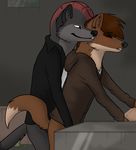  anthro black_jacket bottomless brown_fur brown_hair brown_shirt canine clothing dog duo ear_piercing from_behind fur gay grey_fur hair invalid_color invalid_tag male mammal mohawk piercing pose sex white_shirt wolf 