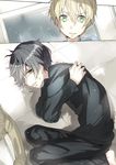  black_eyes black_hair blonde_hair eugeo fetal_position green_eyes jianmo_sl kirito male_focus multiple_boys sword_art_online 