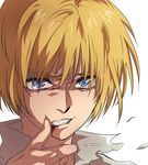  angry armin_arlert biting blonde_hair blood blue_eyes male_focus shingeki_no_kyojin simple_background solo white_background 