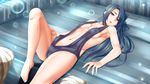  absurdres barefoot black_hair blush brown_eyes center_opening highres kantai_collection long_hair looking_at_viewer lying nachi_(kantai_collection) on_back one-piece_swimsuit open_mouth side_ponytail solo swimsuit tsubuki_(ron-bb69) 