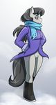  3mangos akimbo anthro anthrofied black_hair boots bottomless coat cutie_mark equine female feral friendship_is_magic fur grey_fur hair half-closed_eyes horse mammal my_little_pony octavia_(mlp) pony purple_eyes pussy scarf smile solo 