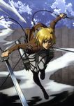  1boy armin_arlert blonde_hair highres male official_art shingeki_no_kyojin solo sword weapon 