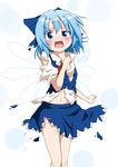  blue_eyes blue_hair blue_skirt blush bow cirno do_(4-rt) fang hair_bow highres ice ice_wings looking_at_viewer midriff navel open_mouth puffy_sleeves shirt short_sleeves skirt skirt_set solo tears torn_clothes torn_shirt torn_skirt touhou uneven_eyes wings 