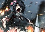  black_hair blood blood_stain cardigan constricted_pupils enemy_aircraft_(kantai_collection) explosion eyepatch fire hetza_(hellshock) injury kantai_collection left-handed necktie open_mouth short_hair smoke solo sword tenryuu_(kantai_collection) torn_clothes water weapon yellow_eyes 