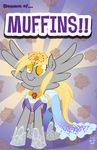  blonde_hair bunnimation clothing crown derpy_hooves_(mlp) dress english_text equine female feral food friendship_is_magic fuffins fur grey_fur hair horse long_hair mammal muffin my_little_pony pegasus pony smile solo text wings yellow_eyes 
