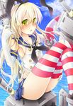  &gt;_&lt; anchor black_panties blonde_hair blush closed_eyes elbow_gloves gloves hair_ornament hairband innertube kantai_collection long_hair looking_at_viewer navel open_mouth panties rensouhou-chan rui_shi_(rayze_ray) shimakaze_(kantai_collection) sitting skirt solo striped striped_legwear thighhighs underwear white_gloves yellow_eyes 