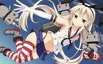  &gt;_&lt; bare_shoulders black_panties blonde_hair blush boots brown_eyes closed_eyes elbow_gloves gloves gotou_jin grey_footwear hair_ribbon innertube kantai_collection long_hair looking_at_viewer panties rensouhou-chan ribbon sailor_collar shimakaze_(kantai_collection) skirt solo striped striped_legwear thighhighs underwear white_gloves |_| 