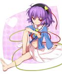  arm_support bad_id bad_pixiv_id barefoot eyeball hairband heart komeiji_satori looking_at_viewer navel no_legwear purple_hair red_eyes sala_mander shirt shirt_lift short_hair sitting skirt smile solo third_eye touhou 