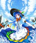  blue_hair blue_sky blush breasts day food fruit hat highres hinanawi_tenshi long_hair long_skirt medium_breasts mountain open_mouth peach red_eyes sawaki short_sleeves skirt sky smile solo touhou 