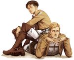  black_hair blonde_hair blue_eyes boots emblem erwin_smith insignia levi_(shingeki_no_kyojin) matsubaki multiple_boys paradis_military_uniform shingeki_no_kyojin sitting sitting_on_person survey_corps_(emblem) 