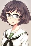  akiyama_yukari bespectacled blush brown_eyes brown_hair em girls_und_panzer glasses looking_at_viewer ooarai_school_uniform open_mouth school_uniform short_hair solo sweatdrop 