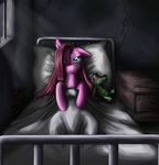  bars bed blanket blue_eyes bricks chipped_paint cracks doll equine female feral friendship_is_magic frown fur gummy_(mlp) hair horse long_hair looking_at_viewer lying mammal my_little_pony nightstand on_back open_mouth pillow pink_fur pink_hair pinkamena_(mlp) pinkie_pie_(mlp) plushie pony purple_eyes reptile scalie shiro-gi smile solo toy wall window 