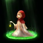  1girl blonde_hair blue_eyes candle_lantern child grass highres lantern light_spot little_red_riding_hood little_red_riding_hood_(grimm) long_hair mari_(marixrian) sitting solo 