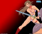  1boy 1girl armor bikini_armor blue_eyes boots breasts brown_hair cleavage golden_axe legband long_hair open_mouth sega sword tyris_flare watermark weapon 