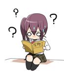  ? asai_miki bad_id bad_twitter_id black_legwear book chibi confused erubo full_body holding holding_book looking_down o_o open_book original plaid plaid_skirt reading red_hair school_uniform side_ponytail sidelocks simple_background sitting skirt solo sweatdrop translated white_background 