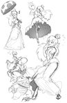  alternate_hairstyle bowser_jr. closed_eyes collage crown earrings face_mask flying_sweatdrops garter_straps greyscale highres jewelry long_hair long_skirt mario_(series) mask monochrome musical_note ponytail princess_peach puffy_short_sleeves puffy_sleeves riding robert_porter short_sleeves sketch skipping skirt smile super_mario_bros. thighhighs turnip umbrella yoshi 