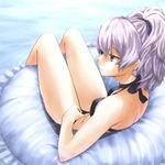 bikini darker_than_black expressionless inflatable_raft legs long_hair mugai_(tamac) purple_eyes ripples solo swimsuit water white_hair yin 