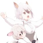  2girls anteater_ears anteater_tail black_hair blush bow bowtie center_frills extra_ears eyebrows_visible_through_hair gloves grey_hair hug hug_from_behind kemono_friends long_sleeves multicolored_hair multiple_girls note_(suzu_note000) one_eye_closed open_mouth outstretched_arms short_hair southern_tamandua_(kemono_friends) southern_tamandua_ex_(kemono_friends) startled white_hair 