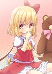  ascot bad_id bad_pixiv_id blonde_hair bloomers bow flandre_scarlet hair_bow hakuto_(28syuku) looking_at_viewer pink_eyes puffy_sleeves shirt short_sleeves sitting skirt skirt_set solo stuffed_animal stuffed_toy teddy_bear thumb_sucking touhou underwear vest wings younger 