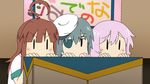  ahoge bad_id bad_pixiv_id black_hair brown_hair eyepatch hat hiding kantai_collection kiso_(kantai_collection) kuma_(kantai_collection) multiple_girls nadeshiko_(monepi922) nichijou parody pink_hair staring style_parody tama_(kantai_collection) |_| 