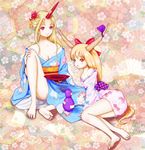  alcohol alternate_hairstyle bare_shoulders barefoot blonde_hair bow breasts chain cleavage cuffs cup feet floral_background floral_print flower gourd hair_bow hair_flower hair_ornament horn horn_ribbon horns hoshiguma_yuugi hoshiguma_yuugi_(promo) ibuki_suika japanese_clothes kimono kurage_(artist) long_hair medium_breasts multiple_girls off_shoulder pointy_ears red_eyes ribbon sakazuki sake shackles short_kimono sitting star star_hair_ornament touhou 