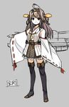  ahoge bare_shoulders black_eyes black_legwear boots brown_hair character_name grey_background hair_ornament hairband kantai_collection kongou_(kantai_collection) long_hair looking_at_viewer nontraditional_miko ribbon-trimmed_sleeves ribbon_trim seo_tatsuya simple_background skirt smile solo thigh_boots thighhighs translated zettai_ryouiki 