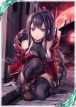  1girl akkijin bare_shoulders black_hair breasts card_(medium) cleavage fog full_moon hair_ornament house large_breasts looking_at_viewer moon ninja official_art outdoors ponytail red_eyes red_moon red_sky seiza serious shinkai_no_valkyrie sitting sky thighhighs weapon 