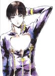  alternate_hairstyle black_hair chounorin giorno_giovanna haruno_shiobana jojo_no_kimyou_na_bouken male_focus purple_eyes solo traditional_media watercolor_(medium) 