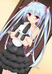  azure_(capriccio) bad_id bad_pixiv_id bare_shoulders blue_hair blush dress hug looking_at_viewer original red_eyes smile solo strap_slip stuffed_animal stuffed_bunny stuffed_toy twintails 