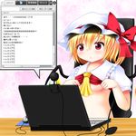  blonde_hair blush breasts chair chat_log computer flandre_scarlet hat hat_ribbon highres laptop microphone mob_cap mouse_(computer) no_bra red_eyes rena_(riries) ribbon shirt_lift short_hair side_ponytail sitting small_breasts solo touhou translation_request twitter underboob upper_body webcam wings 