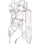  arrow blush bow breasts cleavage gloves hiryuu_(kantai_collection) japanese_clothes kantai_collection large_breasts looking_at_viewer monochrome open_mouth partly_fingerless_gloves quiver ren_san short_hair sketch skirt skirt_lift smile solo weapon yugake 