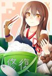  :t akagi_(kantai_collection) bauxite blush brown_eyes brown_hair bucket chopsticks eating food food_on_face gloves japanese_clothes kantai_collection long_hair muneate partly_fingerless_gloves rice rice_on_face rui_shi_(rayze_ray) single_glove smile solo yugake 