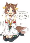  :d animal_ears bad_id bad_pixiv_id bare_shoulders blue_eyes blush boots brown_hair detached_sleeves dog_ears dog_tail hagino_makoto hairband headgear hiei_(kantai_collection) japanese_clothes kantai_collection kemonomimi_mode miko open_mouth pantyhose plaid ribbon-trimmed_sleeves ribbon_trim short_hair skirt smile solo tail thigh_boots thighhighs translated 