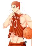  1boy red_hair sakuragi_hanamichi short_hair slam_dunk solo uniform white_background yellow_eyes 