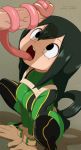  1boy 1girl artist_name asui_tsuyu bangs belt black_eyes bodysuit boku_no_hero_academia boots breasts erection eyelashes fellatio frog_girl gloves green green_hair hair_between_eyes hands hetero licking_penis long_hair long_tongue medium_breasts merunyaa open_mouth oral patreon_username penis pixiv_username signature skin_tight squatting thigh_boots thighhighs tied_hair tongue tongue_out uncensored very_long_tongue 