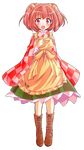  alphes_(style) apron bell blush boots clothes_writing cross-laced_footwear dairi full_body hair_bell hair_ornament long_sleeves looking_at_viewer motoori_kosuzu open_mouth parody red_eyes red_hair shirt shocked_eyes skirt solo style_parody touhou transparent_background wide_sleeves 