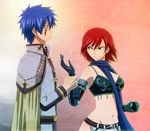  1boy 1girl angry armor bikini_armor blue_hair breasts clenched_teeth erza_knightwalker fairy_tail jewelry king knight large_breasts milady666 mystogan red_hair restrained scar scarf short_hair tattoo teeth 