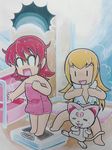  2girls :d =_= after_bath aida_mana bathroom_scale blonde_hair cat dokidoki!_precure hair_down hijikata_etsuo hummy_(suite_precure) long_hair multiple_girls naked_towel nude open_mouth pink_hair pink_towel prank precure regina_(dokidoki!_precure) short_hair smile suite_precure surprised towel towel_around_neck traditional_media weighing_scale white_towel |_| 