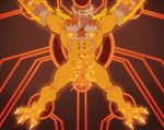  2013 3_toes abs anthro balls barefoot biceps claws digimon dinosaur electricity erection eyes_closed forge headgear hi_res lizard male manly mask muscles nude pecs penis raised_arm reptile scalie solo spread_legs spreading toe_claws wargreymon 